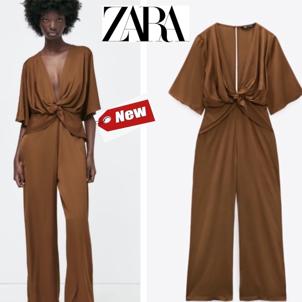 Zara Special Edition brown satin effect twist front V-neck drape jumpsuit XS NWT